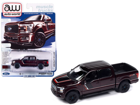 2020 Ford F-150 Lariat FX4 Pickup Truck Magma Red Metallic with Stripes "Muscle Trucks" Limited Edition 1/64 Diecast Model Car by Auto World