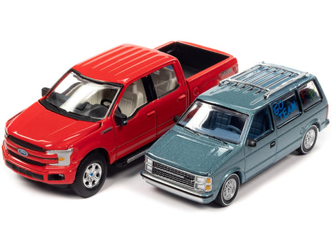 2018 Ford F-150 Pickup Truck Red and 1984 Dodge Caravan Minivan Blue Metallic "World's Best Mom and Dad" Set of 2 Pieces 1/64 Diecast Model Cars by Auto World