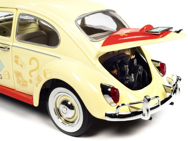 1963 Volkswagen Beetle Yukon Yellow with "Monopoly" Graphics "Free Parking" and Mr. Monopoly Resin Figure 1/18 Diecast Model Car by Auto World