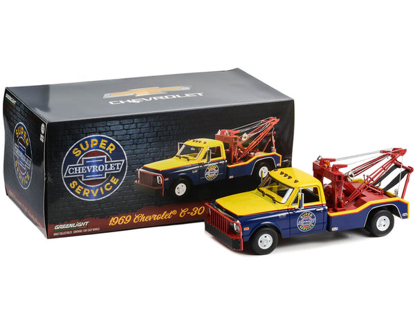 1969 Chevrolet C-30 Dually Wrecker Tow Truck "Chevrolet Super Service" Yellow and Blue 1/18 Diecast Car Model by Greenlight