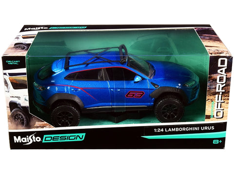 Lamborghini Urus #63 with Roof Rack Blue Metallic "Off-Road" Series 1/24 Diecast Model Car by Maisto