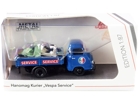Hanomag Kurier Transporter "Vespa Service" Blue with 2 Vespas (Green and Cream) 1/87 (HO) Diecast Models by Schuco
