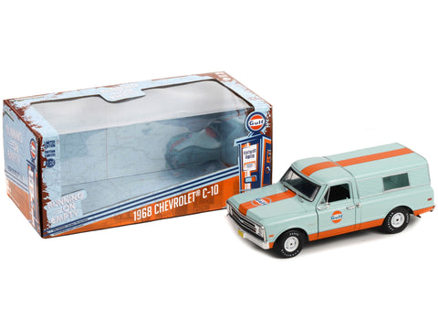 1968 Chevrolet C-10 Pickup Truck Light Blue with Orange Stripes with Camper Shell "Gulf Oil" "Running on Empty" Series 5 1/24 Diecast Model Car by Greenlight