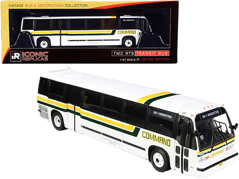 1999 TMC RTS Transit Bus #BM1 Manhattan (New York) "Command Bus Company" White with Yellow and Green Stripes "The Vintage Bus & Motorcoach Collection" 1/87 (HO) Diecast Model by Iconic Replicas