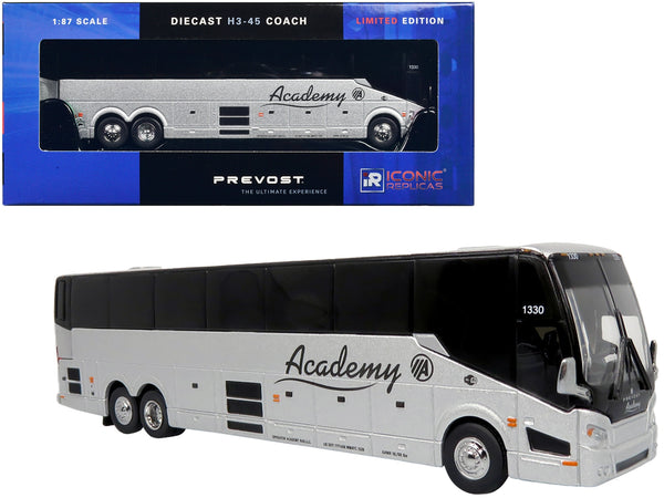 Prevost H3-45 Coach Bus "Academy Bus Lines" Silver Metallic Limited Edition 1/87 (HO) Diecast Model by Iconic Replicas
