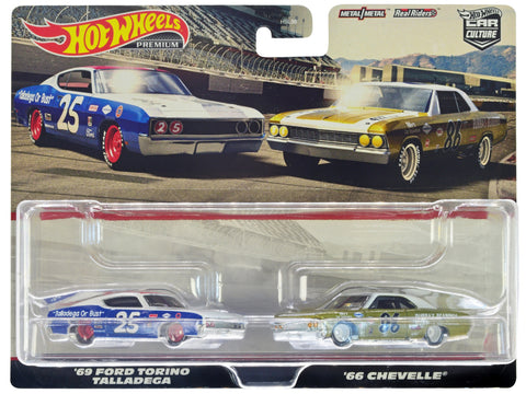 1969 Ford Torino Talladega #25 White and Blue with Red Top and 1966 Chevrolet Chevelle #86 Gold with White Top "Car Culture" Set of 2 Cars Diecast Model Cars by Hot Wheels