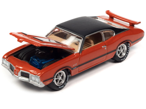 1972 Oldsmobile 442 W-30 Flame Orange Metallic with Matt Black Top and Stripes Limited Edition to 2620 pieces Worldwide "OK Used Cars" 2023 Series 1/64 Diecast Model Car by Johnny Lightning