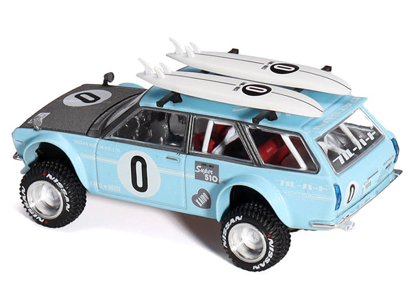 Datsun Kaido 510 Wagon 4x4 RHD (Right Hand Drive) Light Blue with Carbon Hood with Surfboards on Roof "Winter Holiday Edition" (Designed by Jun Imai) "Kaido House" Special 1/64 Diecast Model Car by True Scale Miniatures