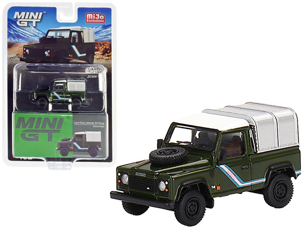 Land Rover Defender 90 Pickup Truck Bronze Green with White Top and Silver Camper Shell Limited Edition to 1200 pieces Worldwide 1/64 Diecast Model Car by True Scale Miniatures