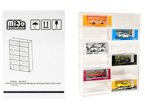 Showcase 12 Car Display Case Wall Mount with Clear Back Panel and Extra Space "Mijo Exclusives" for 1/64 Scale Models