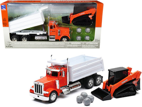 Peterbilt Dump Truck Orange and White and Kubota KX080-4 Excavator Orange and Black with Rocks 1/32 Diecast Model by New Ray