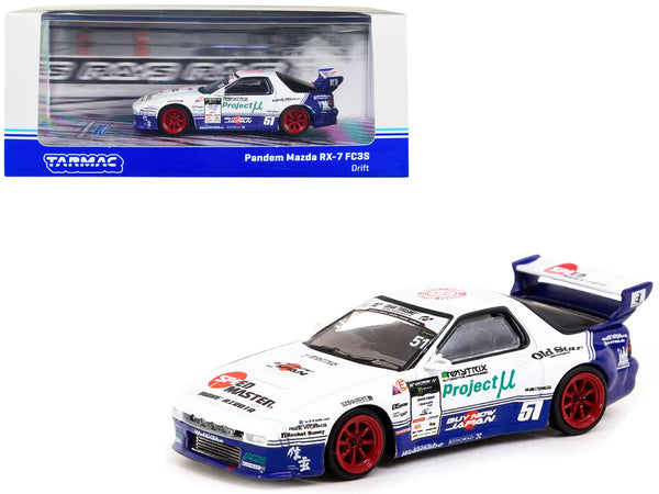 Mazda RX-7 FC3S RHD (Right Hand Drive) #51 White and Blue with Graphics "Pandem Drift Car" "Hobby64" Series 1/64 Diecast Model Car by Tarmac Works