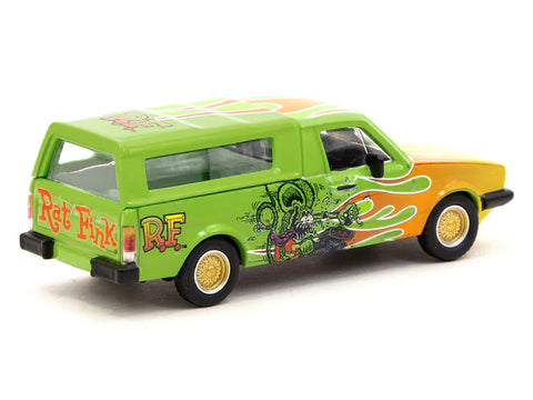 Volkswagen Caddy Pickup Truck with Camper Shell Green with Flames and Graphics "Rat Fink" "Collab64" Series 1/64 Diecast Model Car by Schuco & Tarmac Works