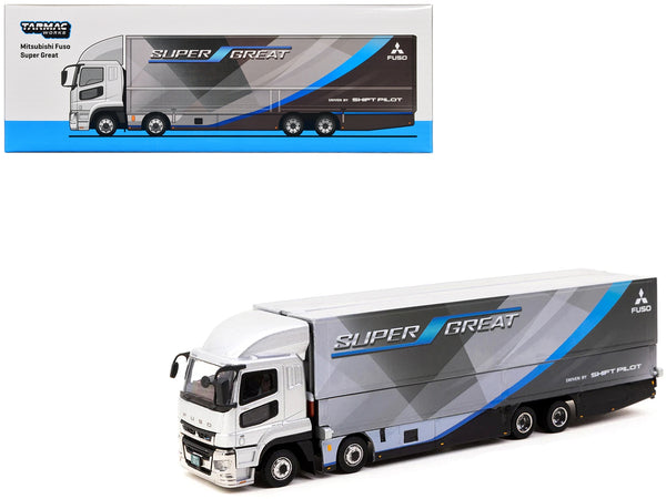 Mitsubishi Fuso Truck Silver Metallic with Transporter "Super Great" "Truck64" Series 1/64 Diecast Model Car by Tarmac Works