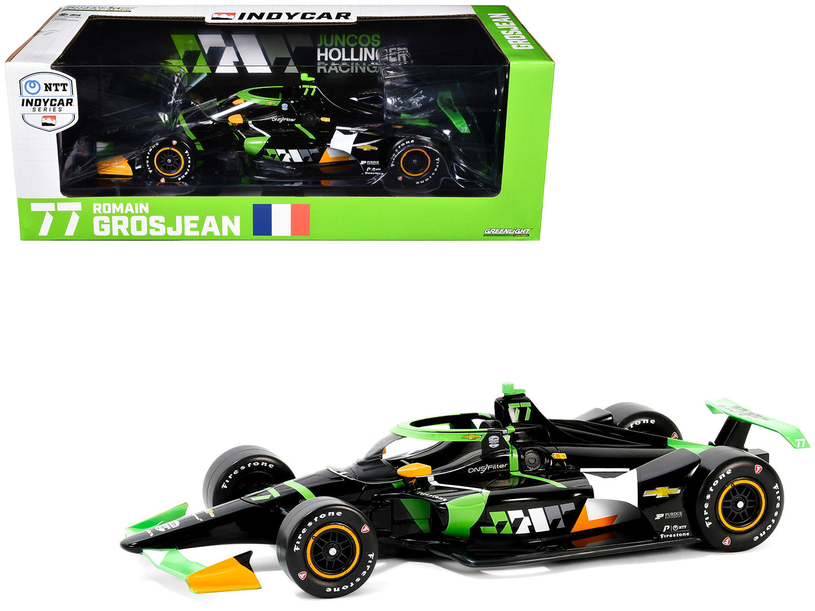 Dallara IndyCar #77 Romain Grosjean "DNS Filter" Juncos Hollinger Racing "NTT IndyCar Series" (2024) 1/18 Diecast Model Car by Greenlight