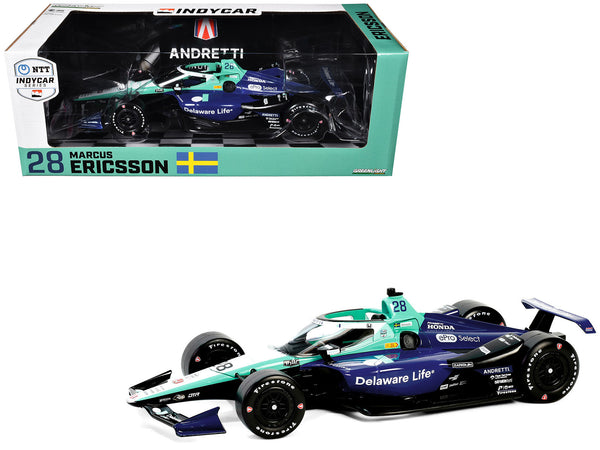 Dallara IndyCar #28 Marcus Ericsson "Delaware Life" Andretti Autosport "NTT IndyCar Series" (2024) 1/18 Diecast Model Car by Greenlight