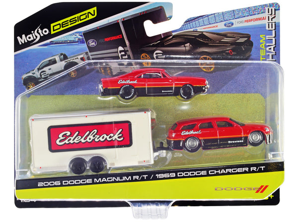 2006 Dodge Magnum R/T Red and Black and 1969 Dodge Charger R/T Red and Black with Enclosed Car Trailer "Edelbrock" "Team Haulers" Series 1/64 Diecast Model Car by Maisto