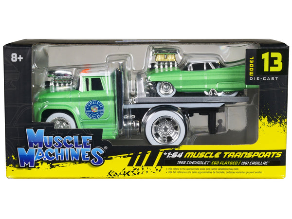 1966 Chevrolet C60 Flatbed Truck Green Metallic with White Top "Cadillac Service" and 1961 Cadillac Coupe Green Metallic with White Top "Muscle Transports" Series 1/64 Diecast Models by Muscle Machines