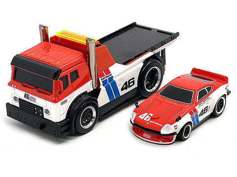 JDM Flatbed Truck #46 Red and White with Blue Stripes and 1972 Datsun 240Z #46 Red and White with Blue Stripes "BRE" "Muscle Transports" Series 1/64 Diecast Models by Muscle Machines