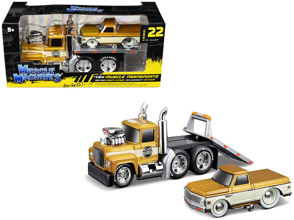 1980 Mack A685ST Flatbed Truck Gold Metallic with Beige Stripes "Madman Garage" and 1972 Chevrolet C10 Pickup Truck Gold Metallic and Beige "Muscle Transports" Series 1/64 Diecast Models by Muscle Machines