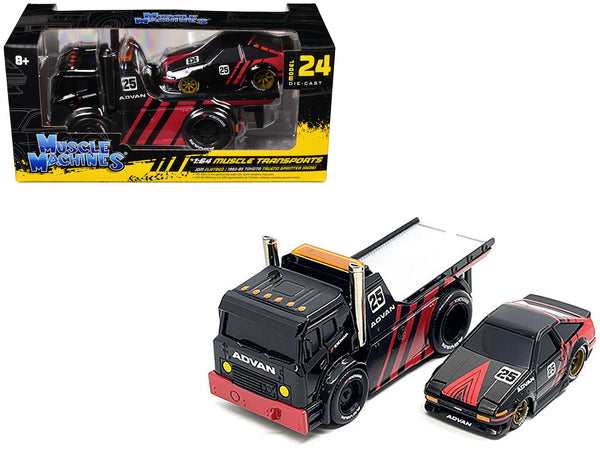 JDM Flatbed Truck #25 Black and Red and 1983-85 Toyota Trueno Sprinter (AE86) #25 Black and Red "Advan" Livery "Muscle Transports" Series 1/64 Diecast Models by Muscle Machines