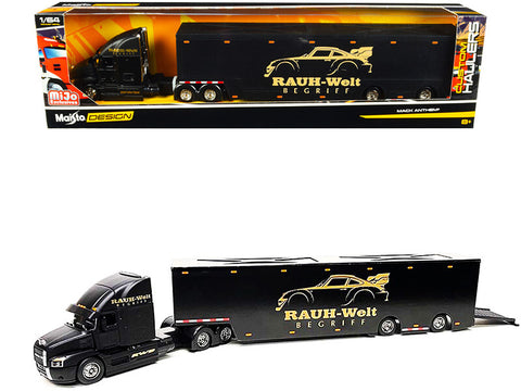 Mack Anthem Enclosed Car Transporter "RAUH-Welt BEGRIFF" (RWB) Matt Black "Custom Haulers" Series 1/64 Diecast Model by Maisto