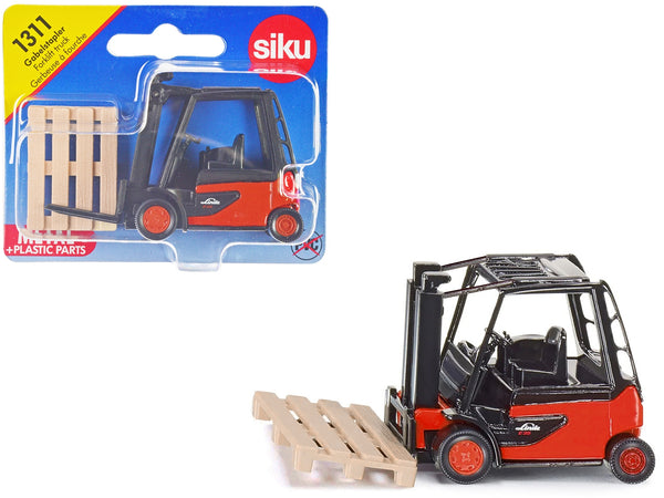 Linde E35 Forklift Truck Red with Black Top with Pallet Accessory Diecast Model by Siku