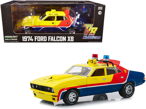 1974 Ford Falcon XB 4-Door Sedan RHD (Right Hand Drive) Yellow and Blue with Red Stripes "MFP 508" "First of the V8 Interceptors" (1979) Movie 1/18 Diecast Model Car by Greenlight