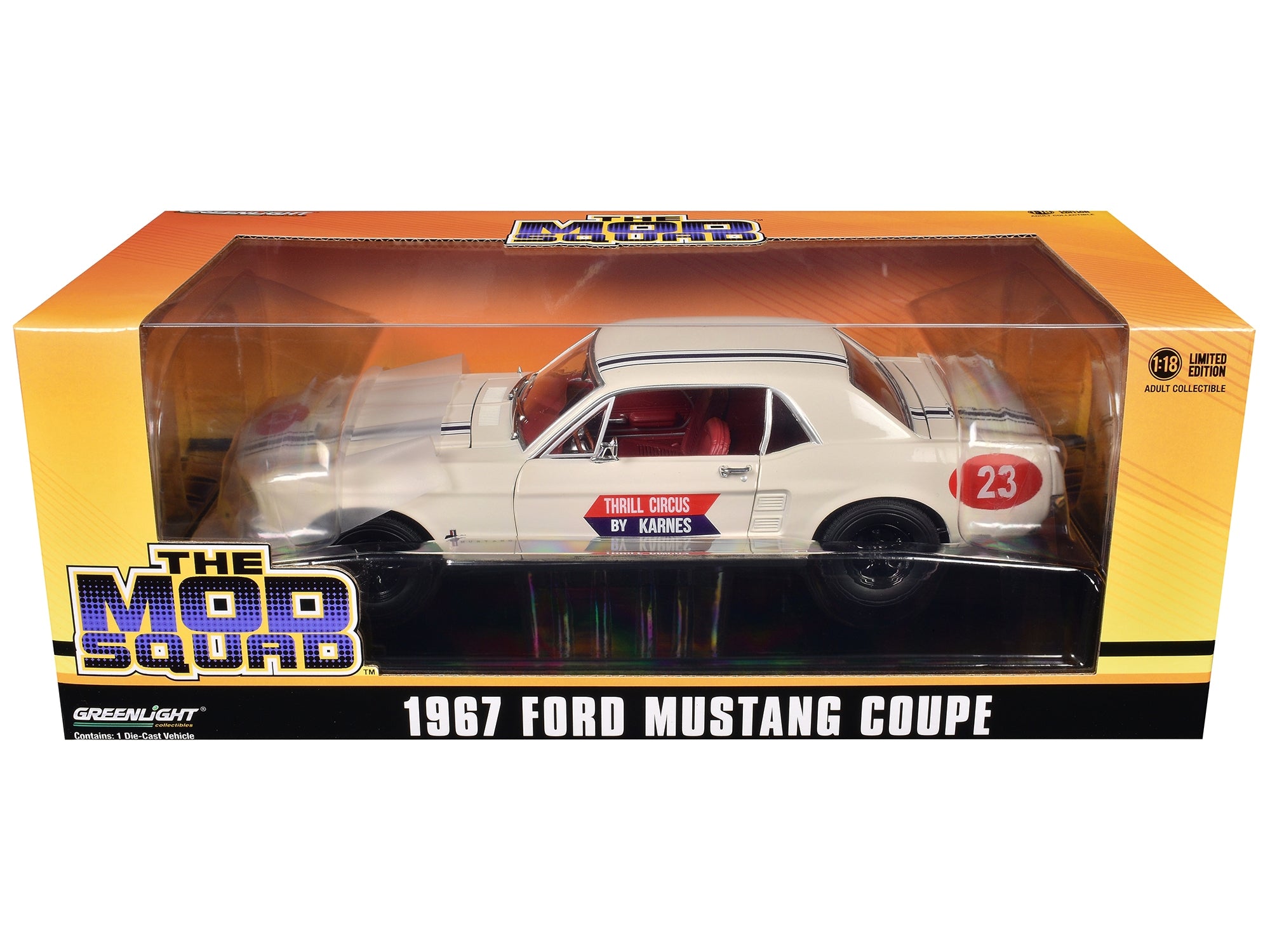 1967 Ford Mustang Coupe #23 "Thrill Circus By Karnes" White 1/18 Diecast Model Car by Greenlight