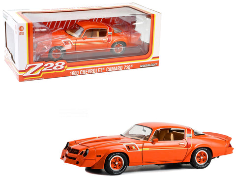 1980 Chevrolet Camaro Z28 Hugger Red Orange with Stripes 1/18 Diecast Model Car by Greenlight