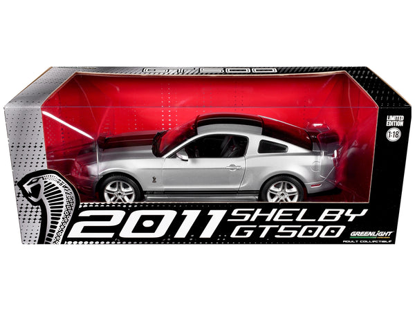 2011 Shelby GT500 Ingot Silver Metallic with Black Stripes 1/18 Diecast Model Car by Greenlight