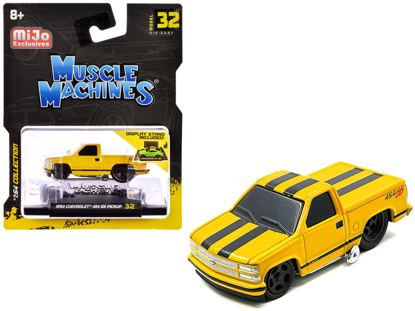 1993 Chevrolet 454 SS Pickup Truck Yellow with Black Stripes 1/64 Diecast Model Car by Muscle Machines