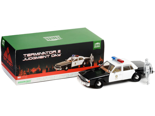 1987 Chevrolet Caprice Metropolitan Police Black and White with T-1000 Liquid Metal Android Diecast Figure "Terminator 2: Judgment Day" (1991) Movie "Artisan Collection" 1/18 Diecast Model Car by Greenlight