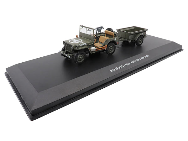 Willys Jeep 1/4-Ton Utility Truck Olive Drab with Trailer "United States Army" 1/43 Diecast Model by Militaria Die Cast