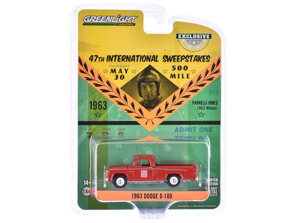 1963 Dodge D-100 Pickup Truck "47th International 500 Mile Sweepstakes - Indianapolis 500 Official Truck" Red "Hobby Exclusive" Series 1/64 Diecast Model Car by Greenlight