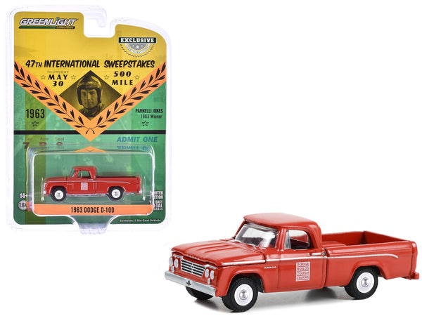 1963 Dodge D-100 Pickup Truck "47th International 500 Mile Sweepstakes - Indianapolis 500 Official Truck" Red "Hobby Exclusive" Series 1/64 Diecast Model Car by Greenlight