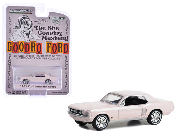 1967 Ford Mustang Coupe "She Country Special - Bill Goodro Ford Denver Colorado" Bermuda Sand "Hobby Exclusive" Series 1/64 Diecast Model Car by Greenlight