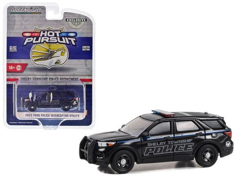 2023 Ford Police Interceptor Utility Black with Blue Stripes "Shelby Township Michigan" "Hot Pursuit - Hobby Exclusive" Series 1/64 Diecast Model Car by Greenlight