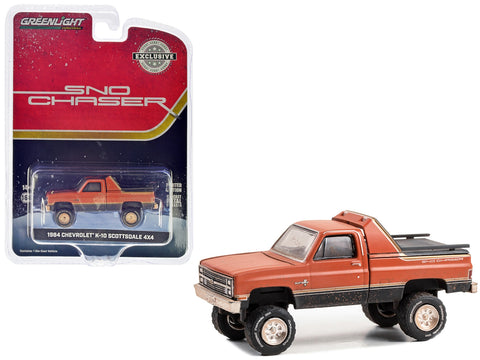 1984 Chevrolet K-10 Scottsdale 4x4 Pickup Truck Red and Black with Gold Stripes (Weathered) "Sno Chaser" "Hobby Exclusive" Series 1/64 Diecast Model Car by Greenlight