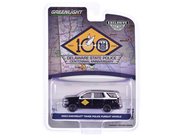 2023 Chevrolet Tahoe Police Pursuit Vehicle "Delaware State Police Centennial Anniversary" Black and White "Hobby Exclusive" Series 1/64 Diecast Model Car by Greenlight