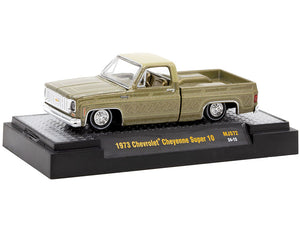 1973 Chevrolet Cheyenne Super 10 Pickup Truck Gold Metallic with Graphics "Lowriders" Limited Edition to 7700 pieces Worldwide 1/64 Diecast Model Car by M2 Machines