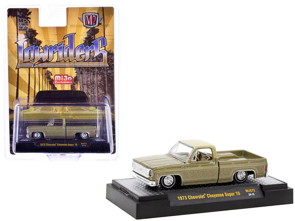 1973 Chevrolet Cheyenne Super 10 Pickup Truck Gold Metallic with Graphics "Lowriders" Limited Edition to 7700 pieces Worldwide 1/64 Diecast Model Car by M2 Machines