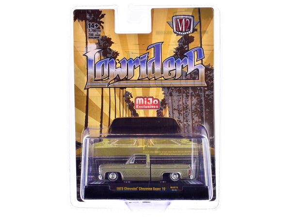 1973 Chevrolet Cheyenne Super 10 Pickup Truck Gold Metallic with Graphics "Lowriders" Limited Edition to 7700 pieces Worldwide 1/64 Diecast Model Car by M2 Machines