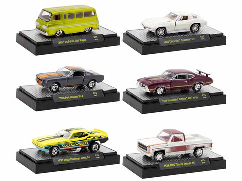 "Auto Meets" Set of 6 Cars IN DISPLAY CASES Release 75 Limited Edition 1/64 Diecast Model Cars by M2 Machines
