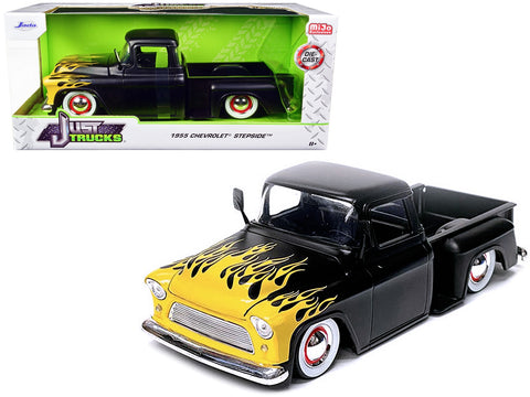 1955 Chevrolet Stepside Pickup Truck Matt Black with Yellow Flames "Just Trucks" Series 1/24 Diecast Model Car by Jada