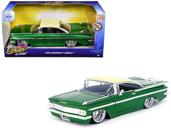 1959 Chevrolet Impala Lowrider Green Metallic with Cream Top and DUB Wire Wheels "Street Low" Series 1/24 Diecast Model Car by Jada