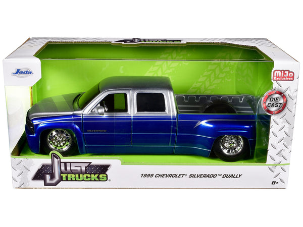 1999 Chevrolet Silverado Dually Pickup Truck Blue Metallic and Silver with Stock Wheels "Just Trucks" Series 1/24 Diecast Model Car by Jada