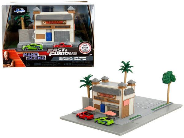 Toretto Cafe Diorama with Mitsubishi Eclipse Green and Ford F-150 SVT Lightning Red "Fast and Furious" "Nano Scene" Series Model by Jada