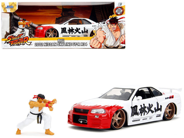 2002 Nissan Skyline GT-R (R34) RHD (Right Hand Drive) White with Red Graphics and Ryu Diecast Figure "Street Fighter" Video Game "Anime Hollywood Rides" Series 1/24 Diecast Model Car by Jada