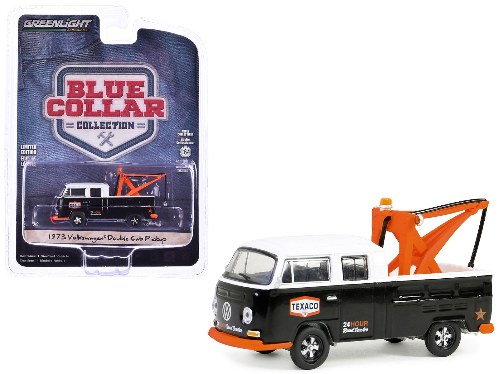 1973 Volkswagen Double Cab Tow Truck Black and White "Texaco 24 Hour Road Service" "Blue Collar Collection" Series 13 1/64 Diecast Model Car by Greenlight